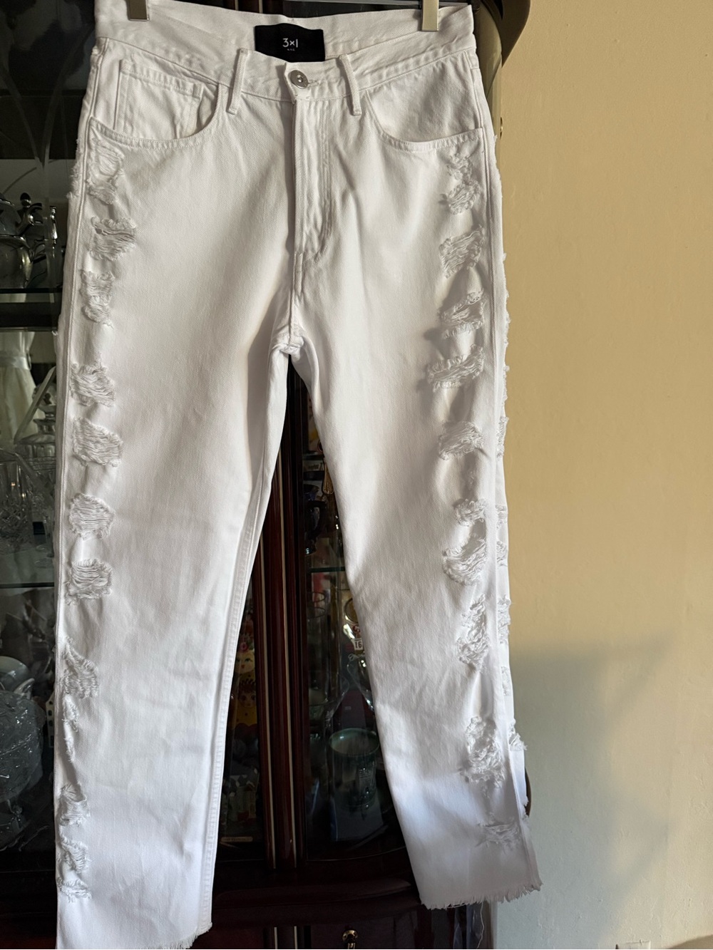 3x1 White Distressed Straight Leg Jeans